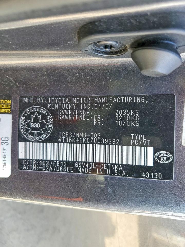 2007 Toyota Camry Le V6 Серый vin: 4T1BK46K07U039382