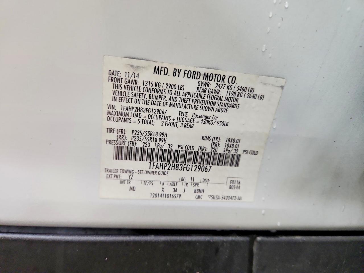 2015 Ford Taurus Sel White vin: 1FAHP2H83FG129067