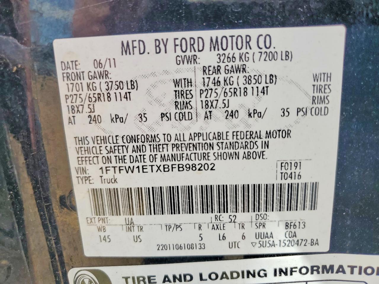 2011 Ford F150 Supercrew Black vin: 1FTFW1ETXBFB98202