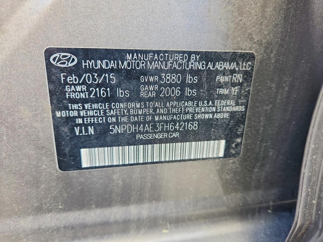 2015 Hyundai Elantra Se Gray vin: 5NPDH4AE3FH642168
