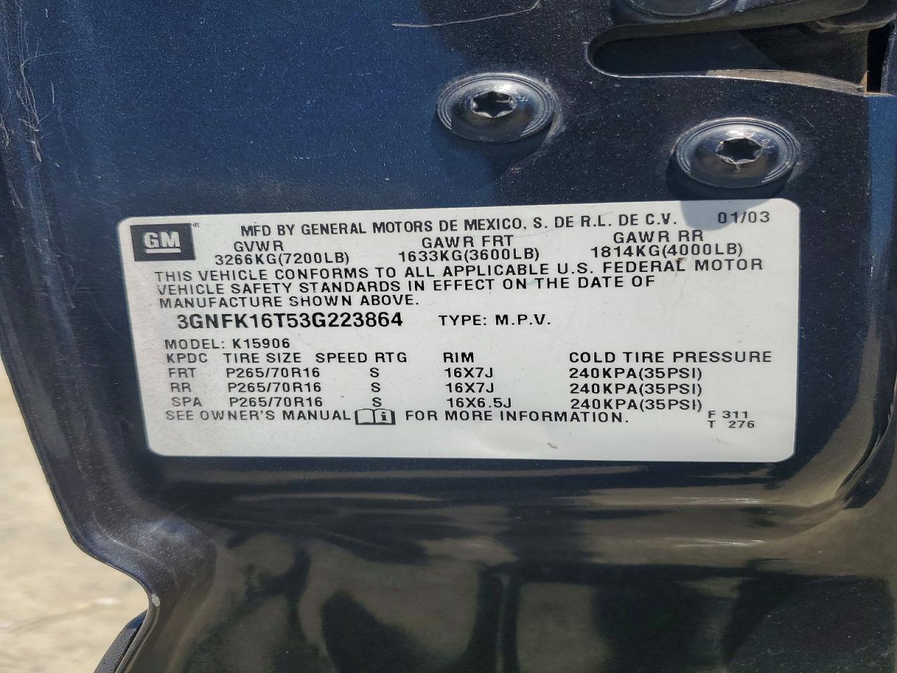 2003 Chevrolet Suburban K1500 Угольный vin: 3GNFK16T53G223864