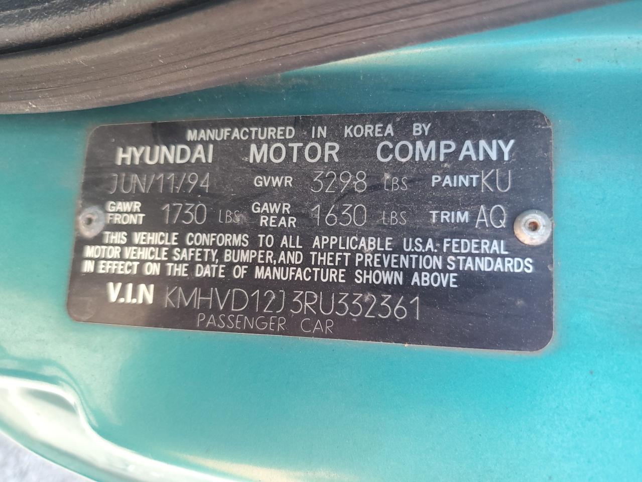 1994 Hyundai Excel    Turquoise vin: KMHVD12J3RU332361