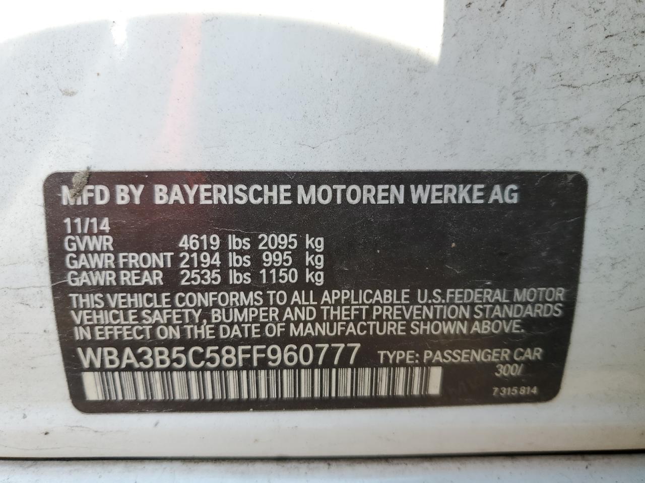 2015 Bmw 328 Xi Sulev White vin: WBA3B5C58FF960777