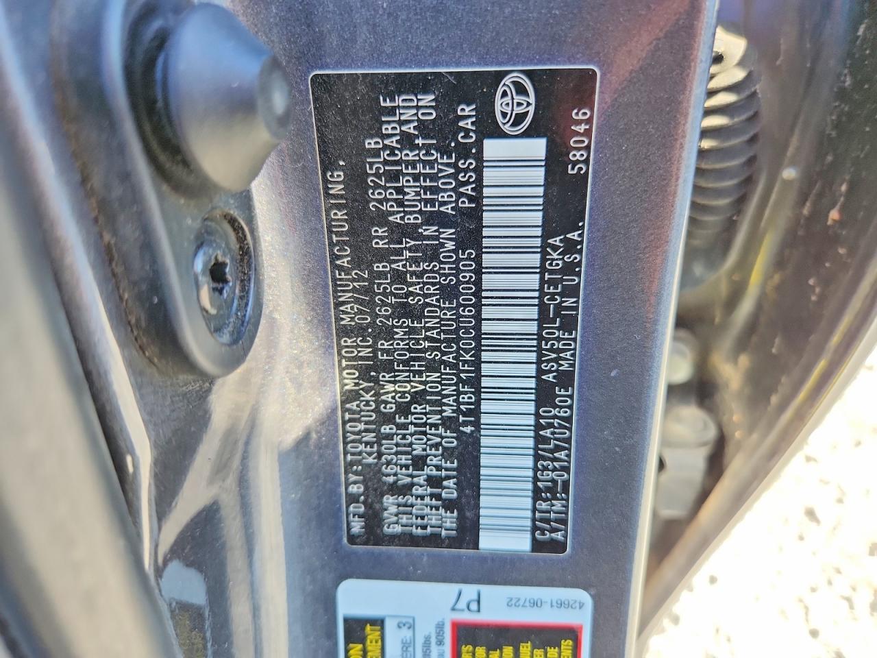 2012 Toyota Camry Xle Угольный vin: 4T1BF1FK0CU600905