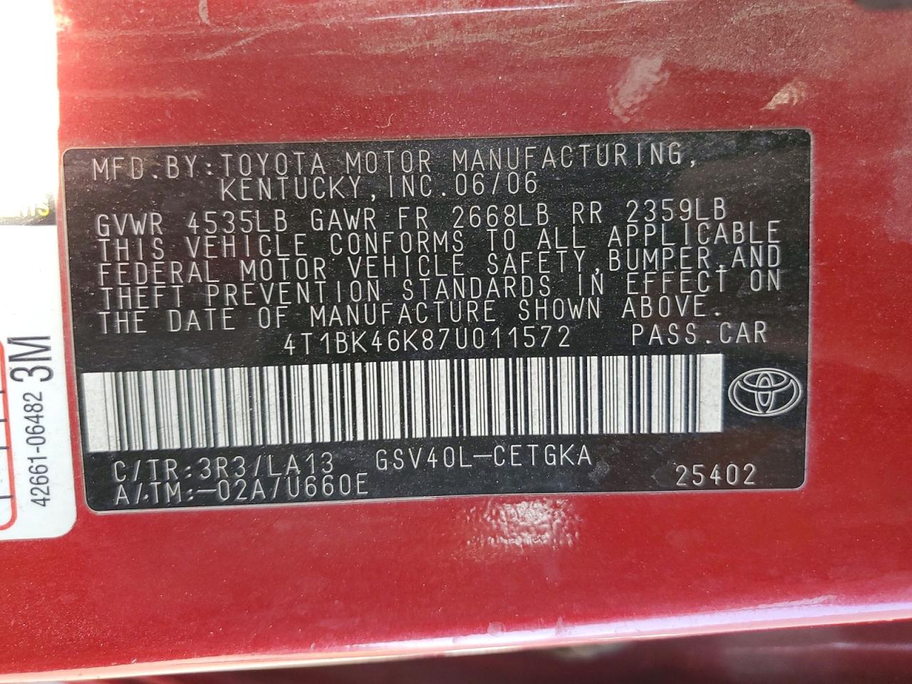 2007 Toyota Camry Xle V6 Red vin: 4T1BK46K87U011572