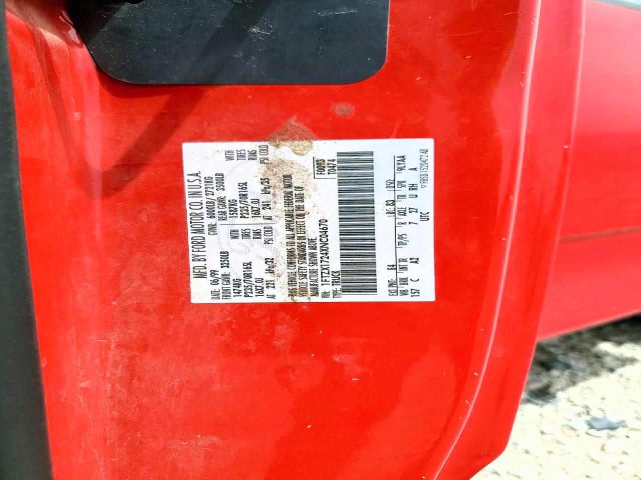 1999 Ford F-150 Красный vin: 1FTZX1724XNC04670