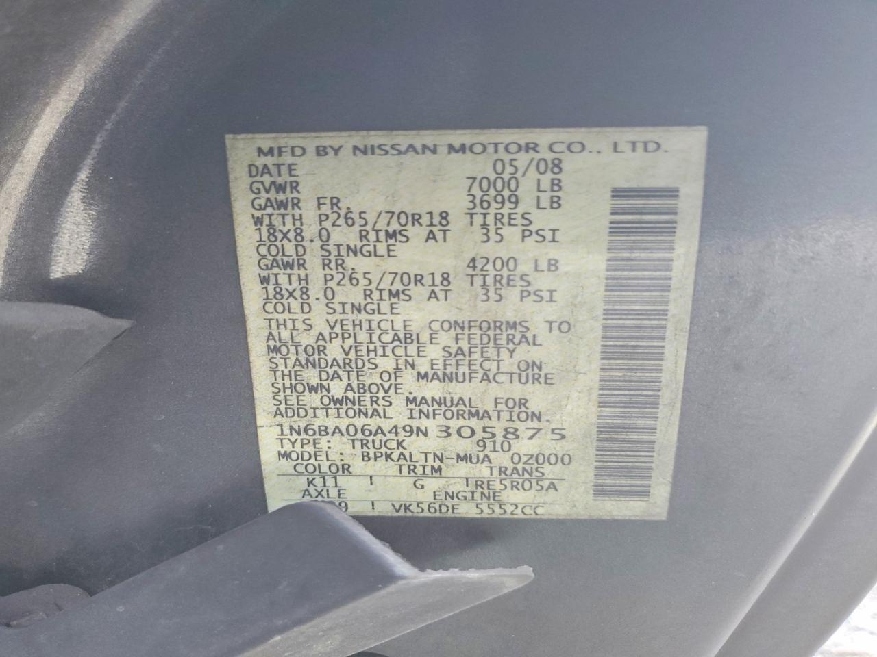 2009 Nissan Titan Xe Ffv Gray vin: 1N6BA06A49N305875