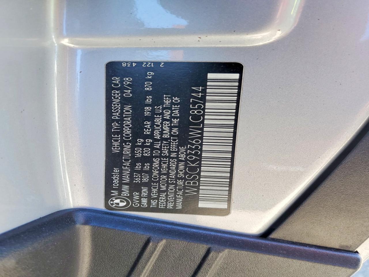 1998 Bmw M Roadster Silver vin: WBSCK9336WLC85744