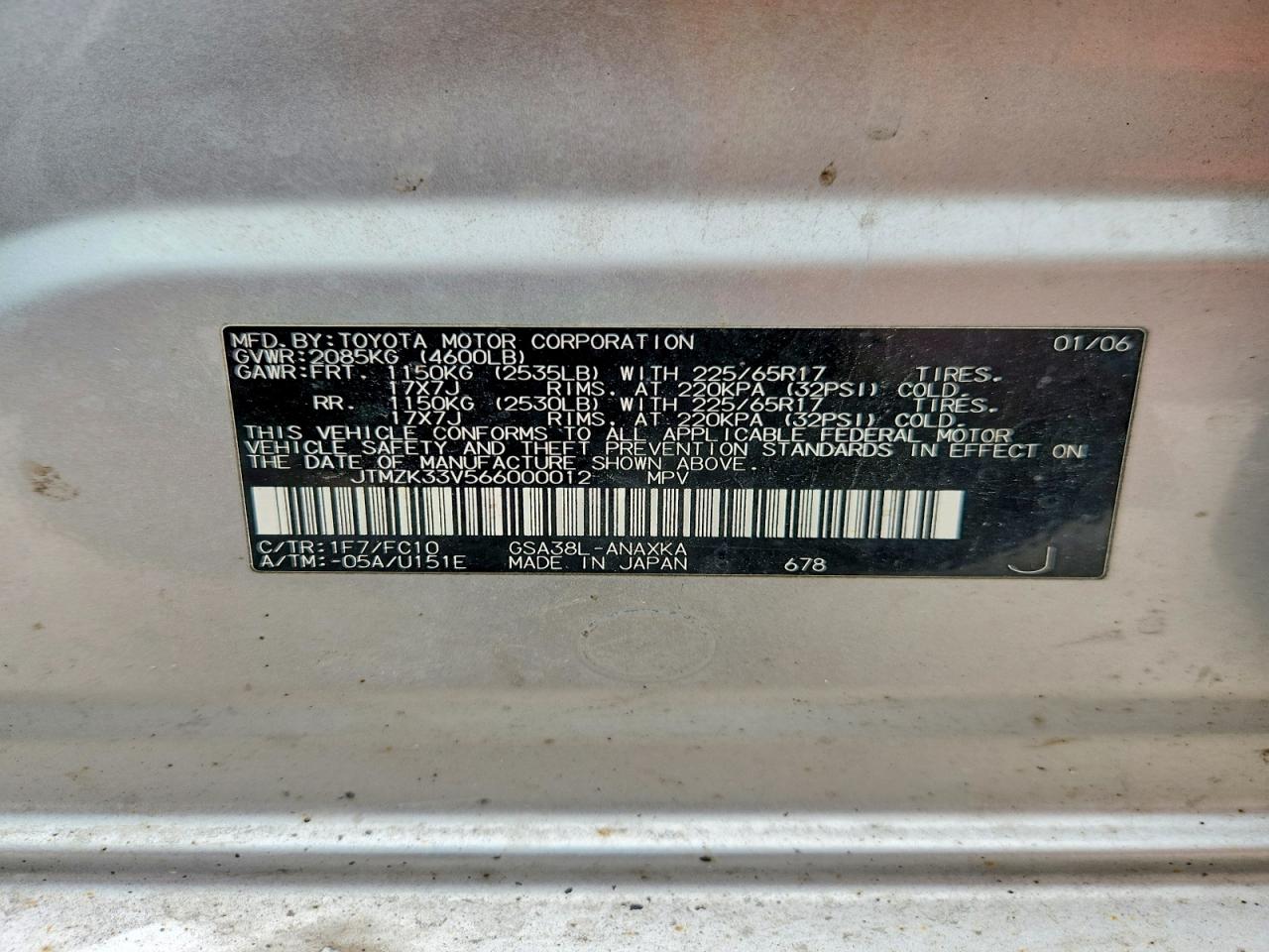 2006 Toyota Rav4 Base Silver vin: JTMZK33V566000012