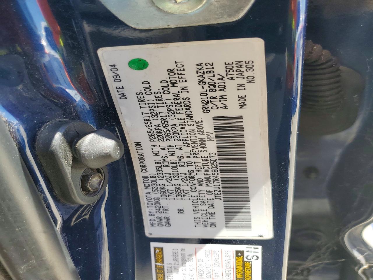 2005 Toyota 4runner Limited Blue vin: JTEZU17R458025073