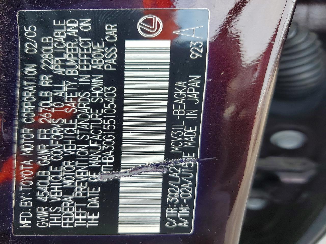 2005 Lexus Es 330 Purple vin: JTHBA30G155105403