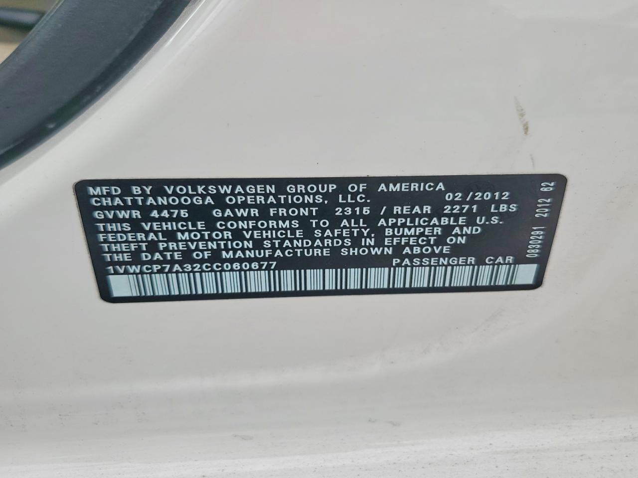 2012 Volkswagen Passat Sel White vin: 1VWCP7A32CC060677