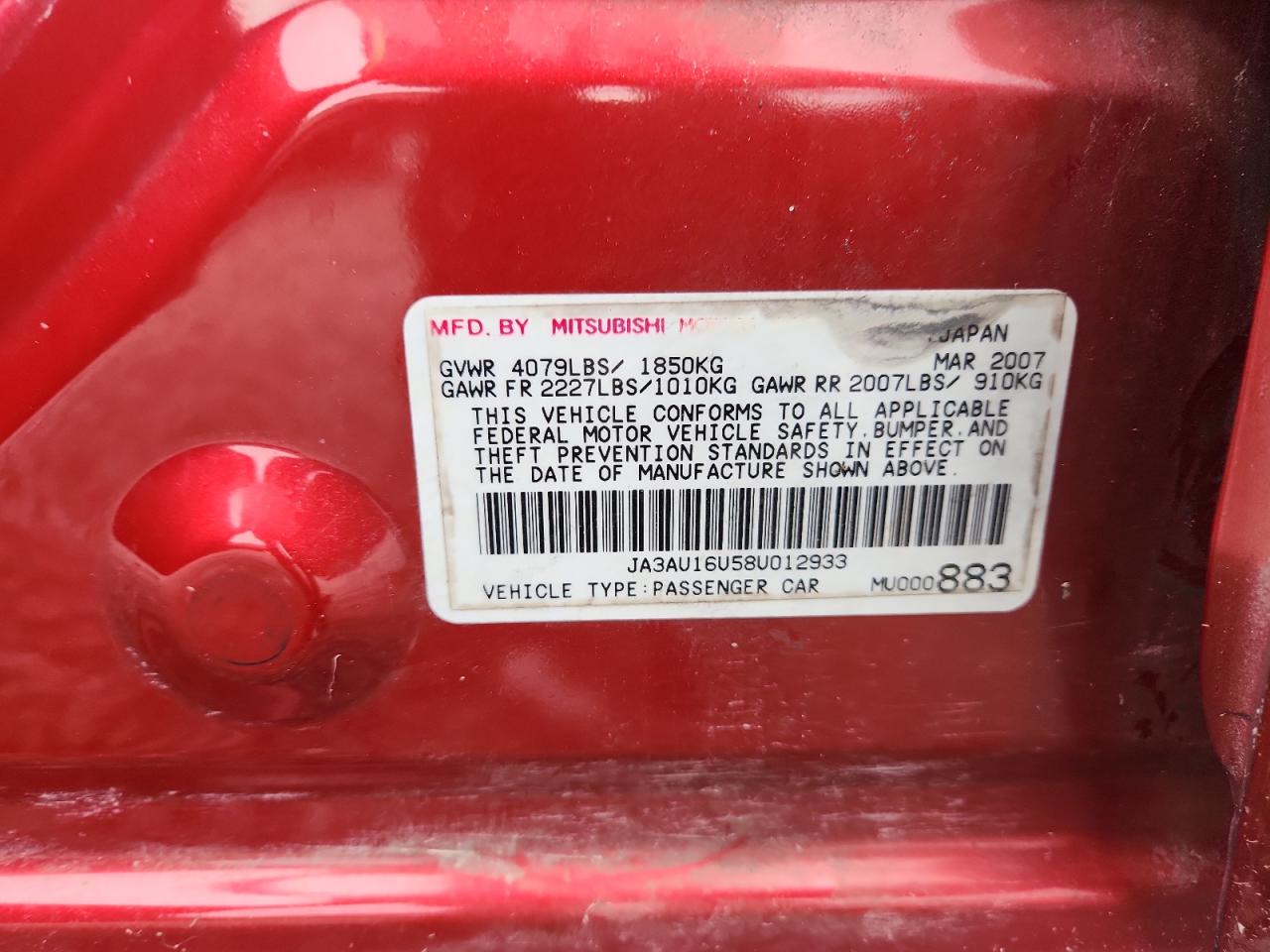 2008 Mitsubishi Lancer De Red vin: JA3AU16U58U012933