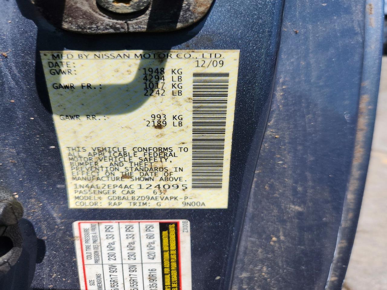 2010 Nissan Altima 2.5 S Blue vin: 1N4AL2EP4AC124095