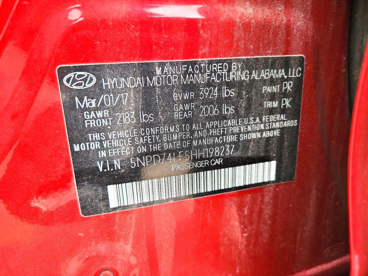 2017 Hyundai Elantra Se Red vin: 5NPD74LF5HH198237