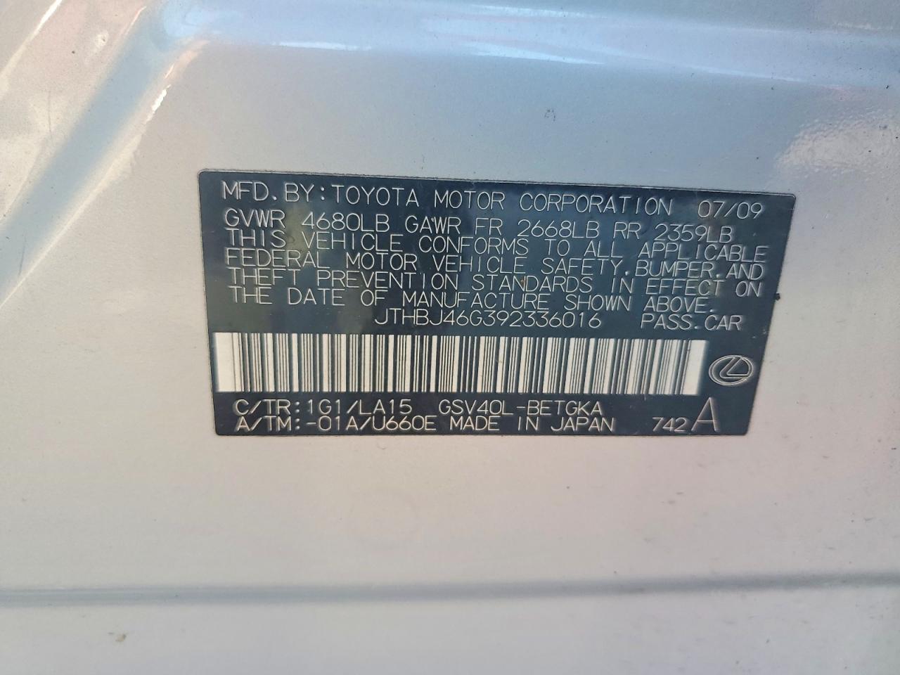 2009 Lexus Es 350 Silver vin: JTHBJ46G392336016