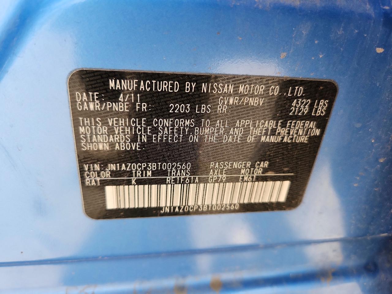 2011 Nissan Leaf Sv Синий vin: JN1AZ0CP3BT002560
