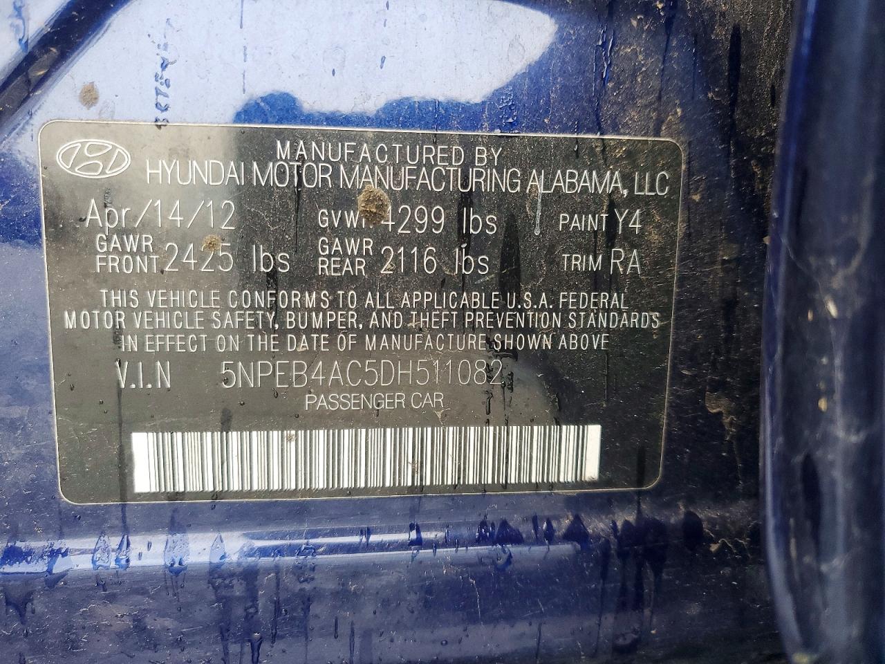2013 Hyundai Sonata Blue vin: 5NPEB4AC5DH511082