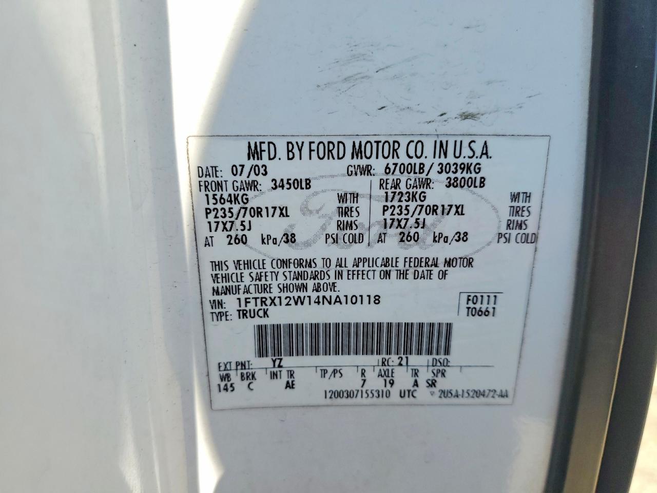 2004 Ford F150 White vin: 1FTRX12W14NA10118