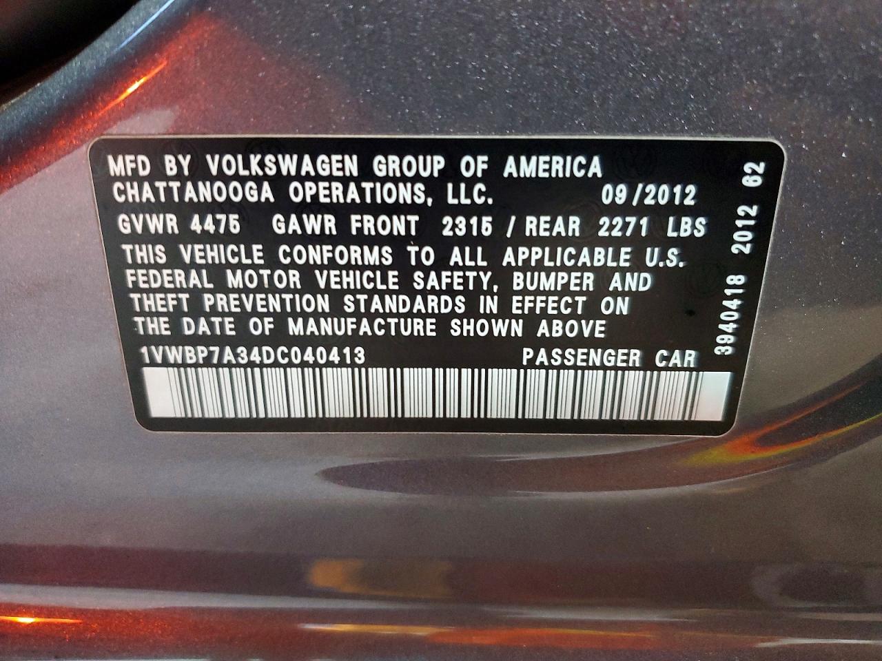 2013 Volkswagen Passat Se Charcoal vin: 1VWBP7A34DC040413