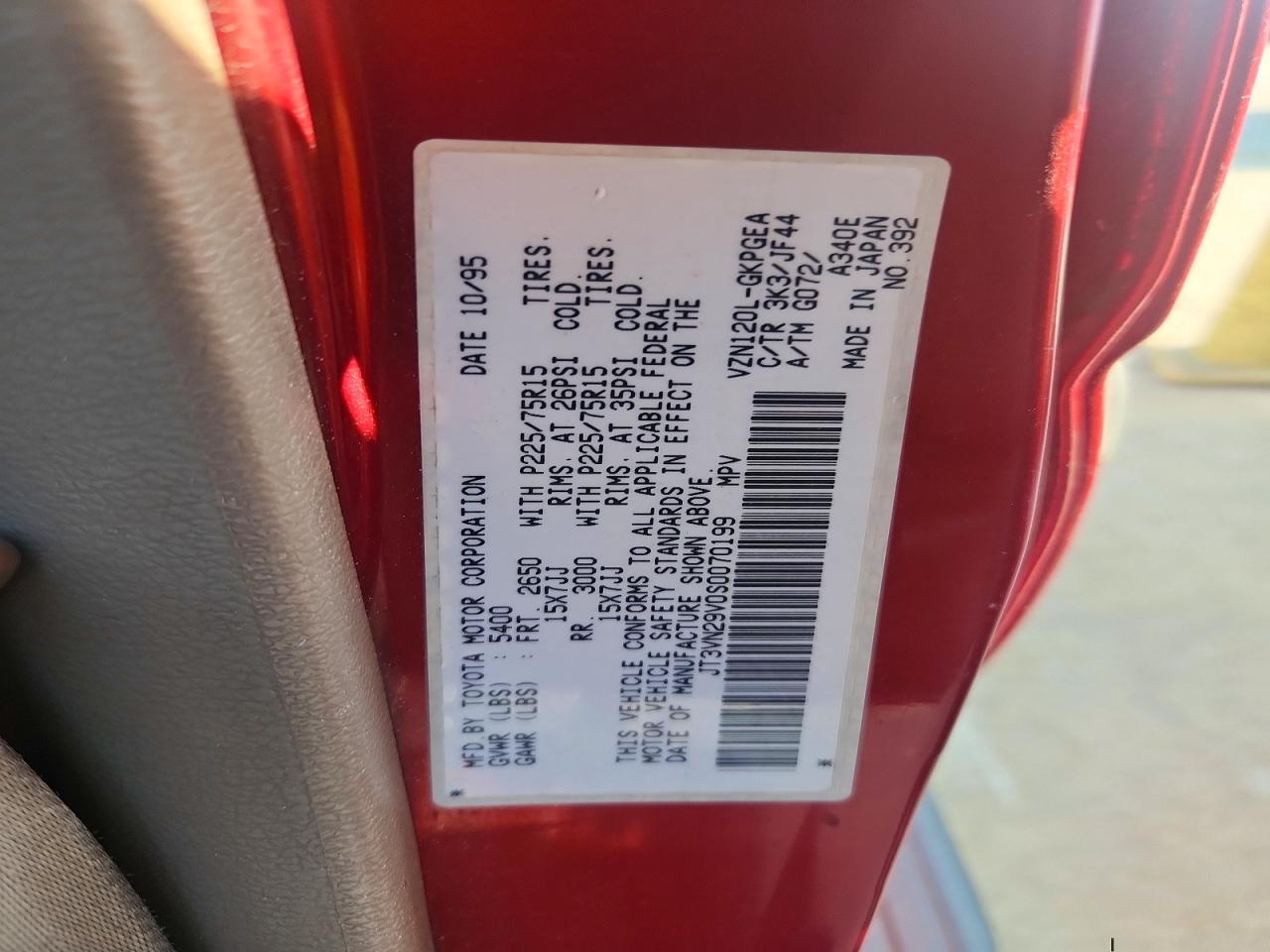 1995 Toyota 4runner Vn29 Sr5 Red vin: JT3VN29V0S0070199
