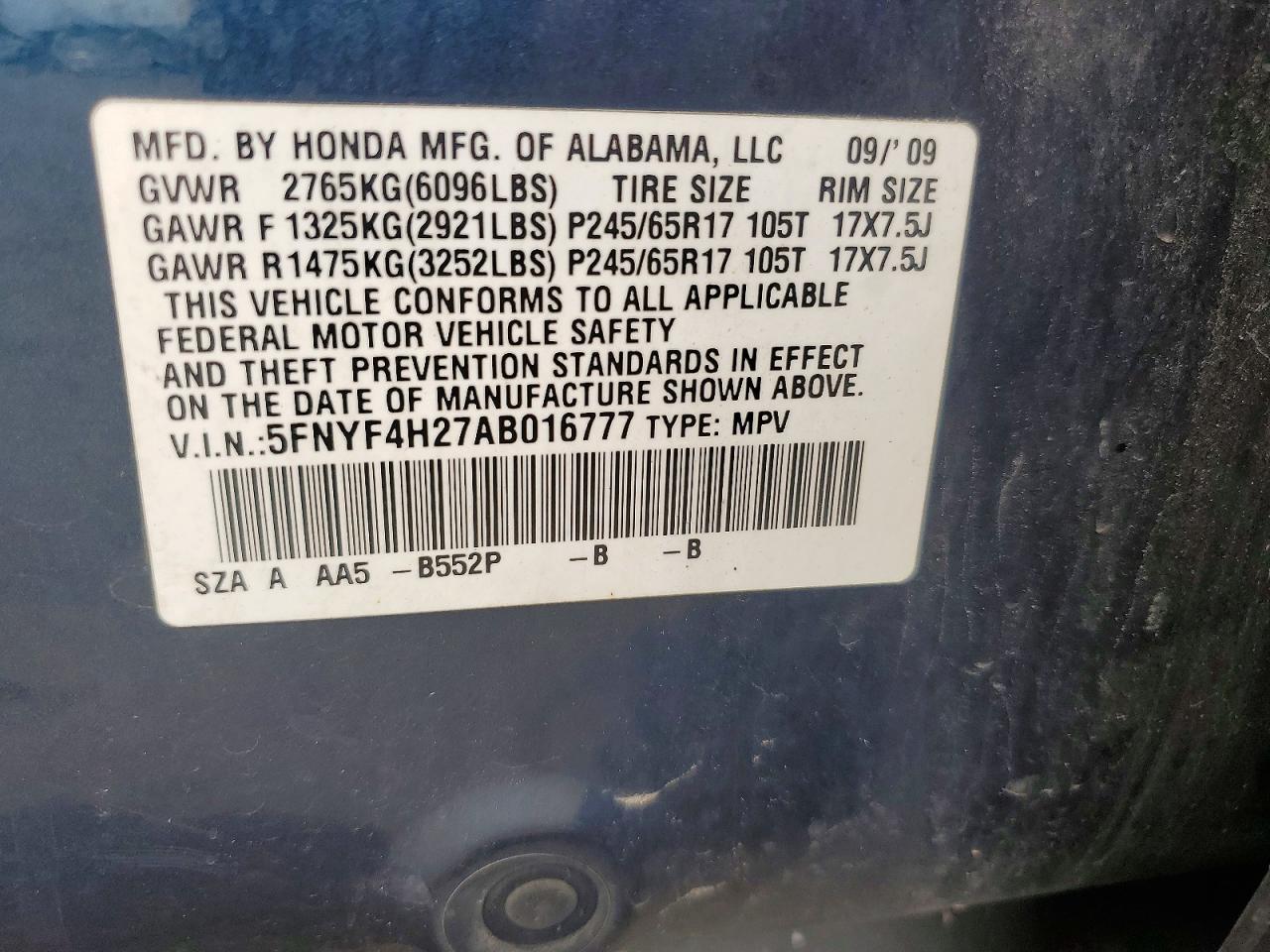2010 Honda Pilot Lx Blue vin: 5FNYF4H27AB016777