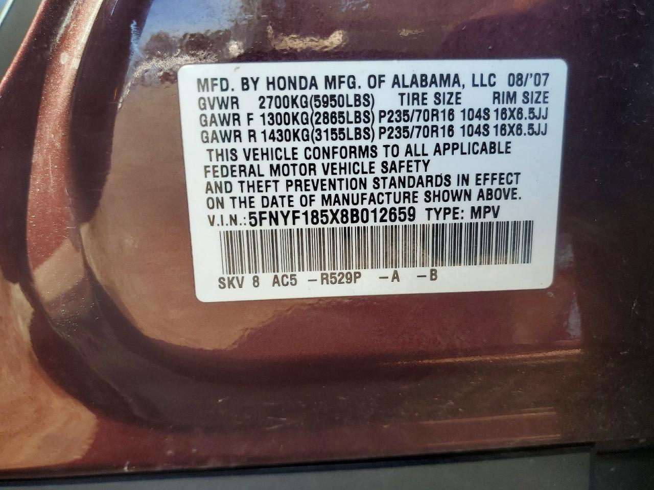 2008 Honda Pilot Exl Maroon vin: 5FNYF185X8B012659
