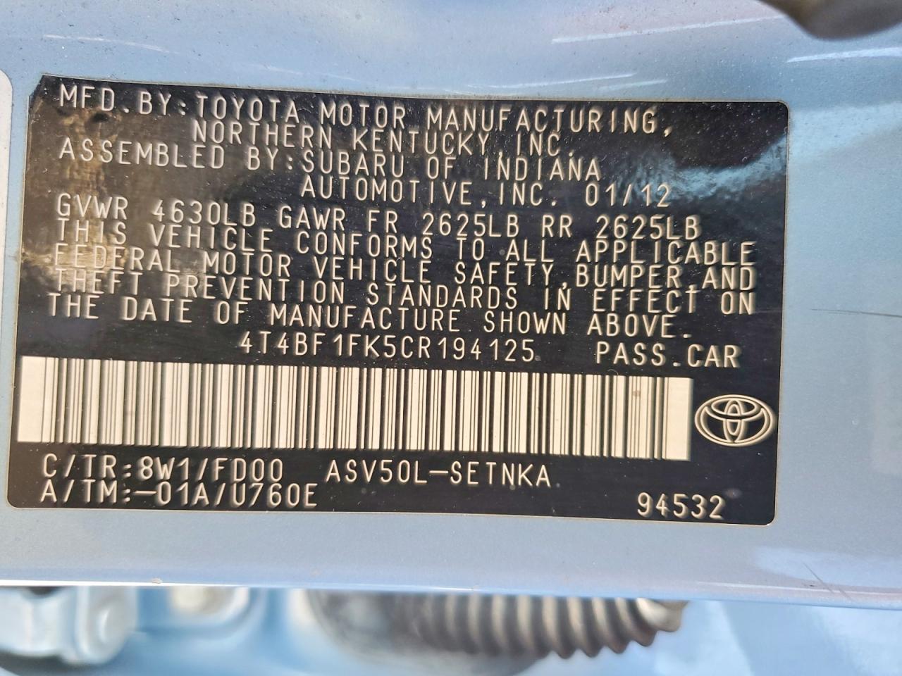 2012 Toyota Camry Le Blue vin: 4T4BF1FK5CR194125