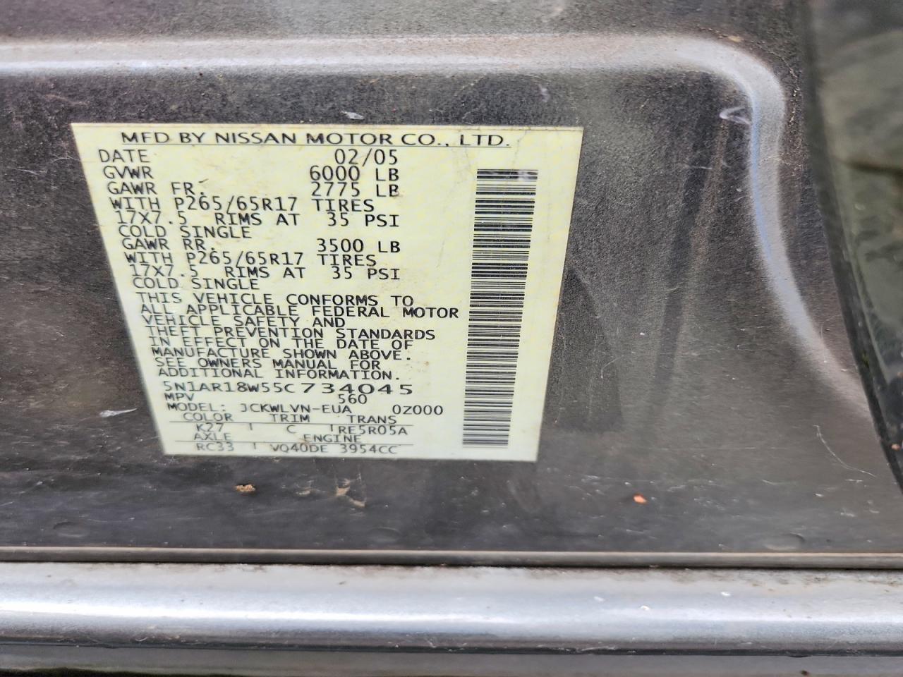 2005 Nissan Pathfinder Xe Gray vin: 5N1AR18W55C734045
