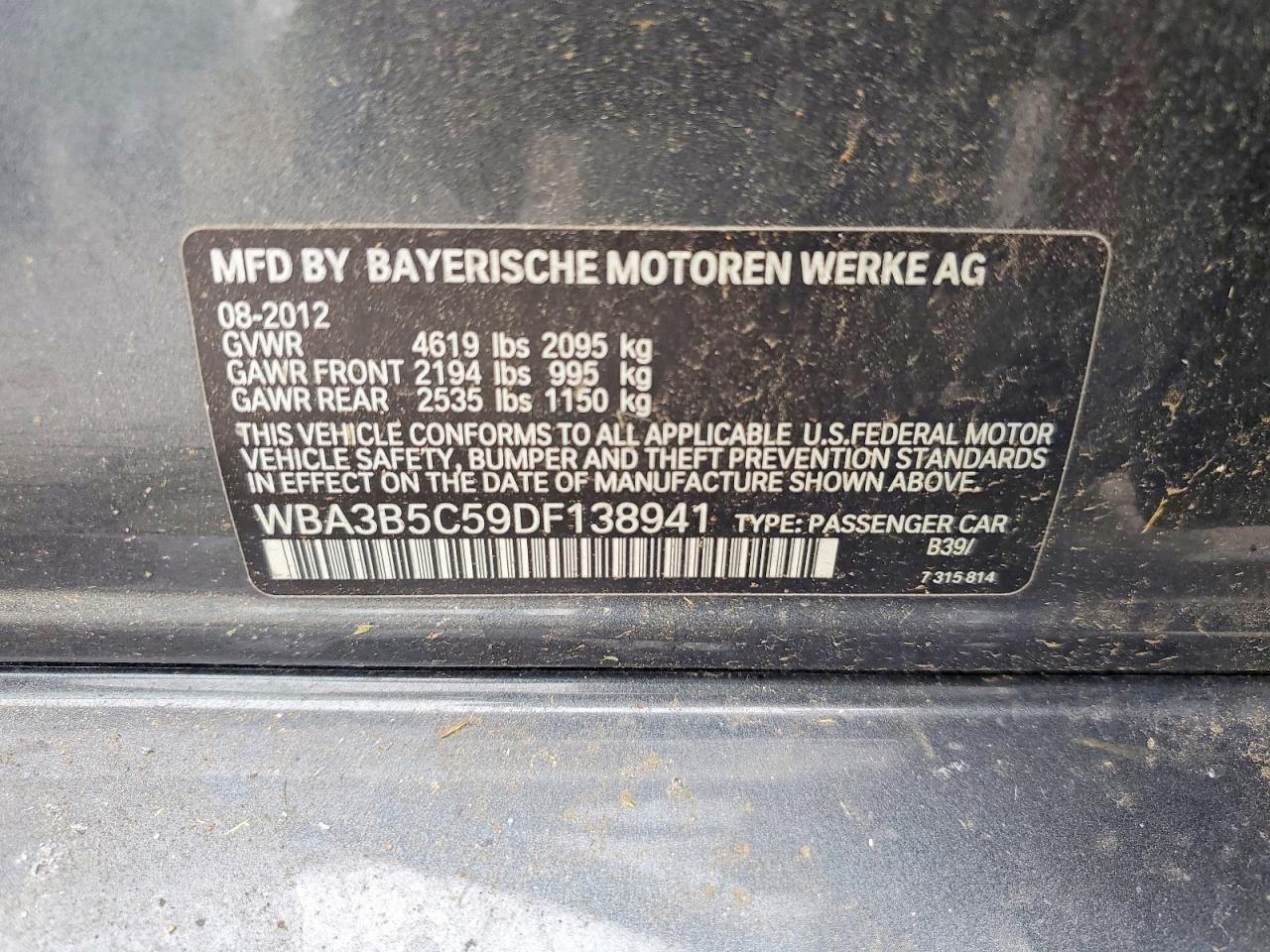 2013 Bmw 328 Xi Sulev Gray vin: WBA3B5C59DF138941