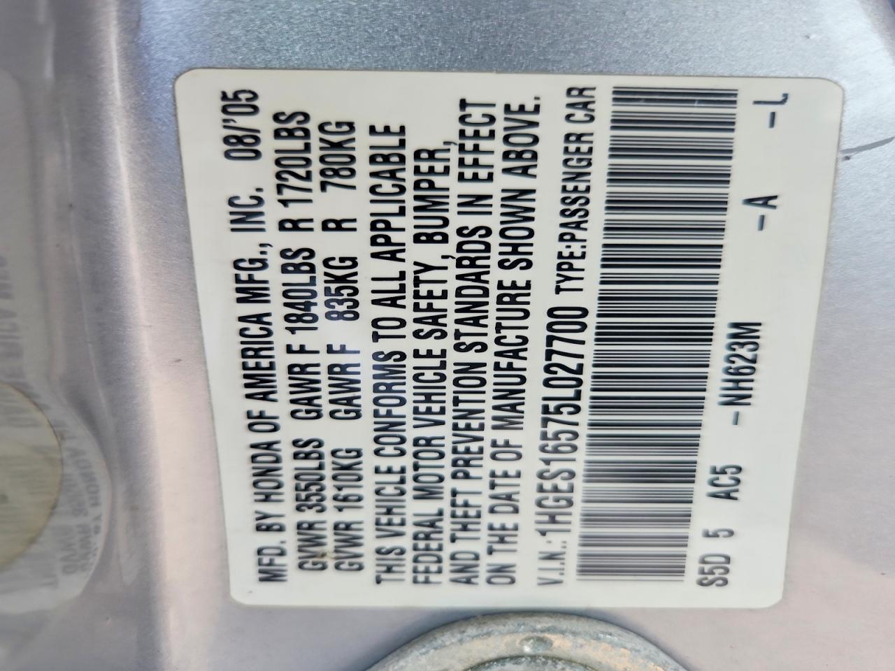 2005 Honda Civic Lx Silver vin: 1HGES16575L027700