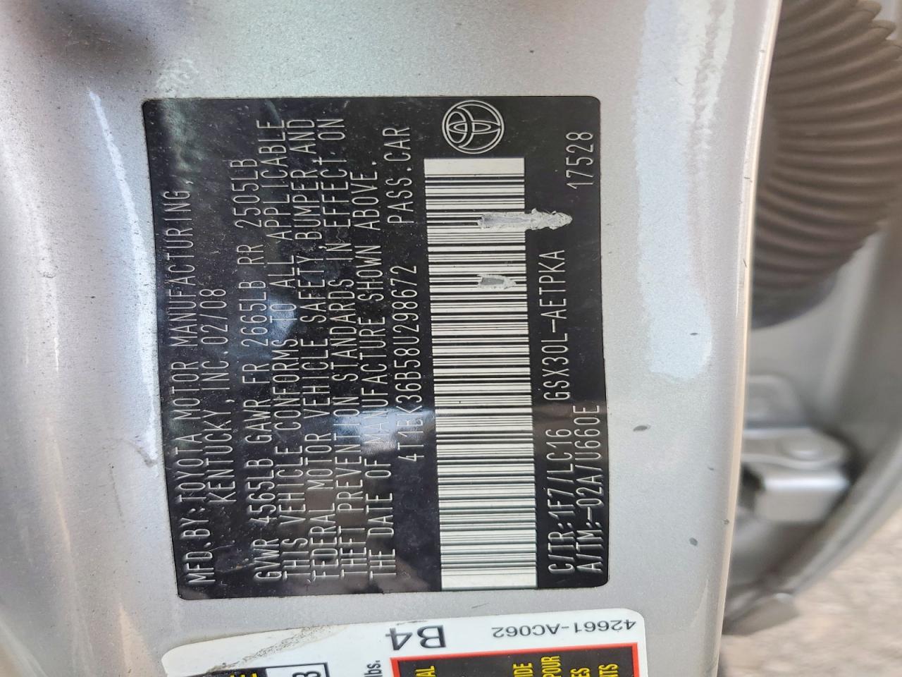 2008 Toyota Avalon Limited Silver vin: 4T1BK36B58U298672
