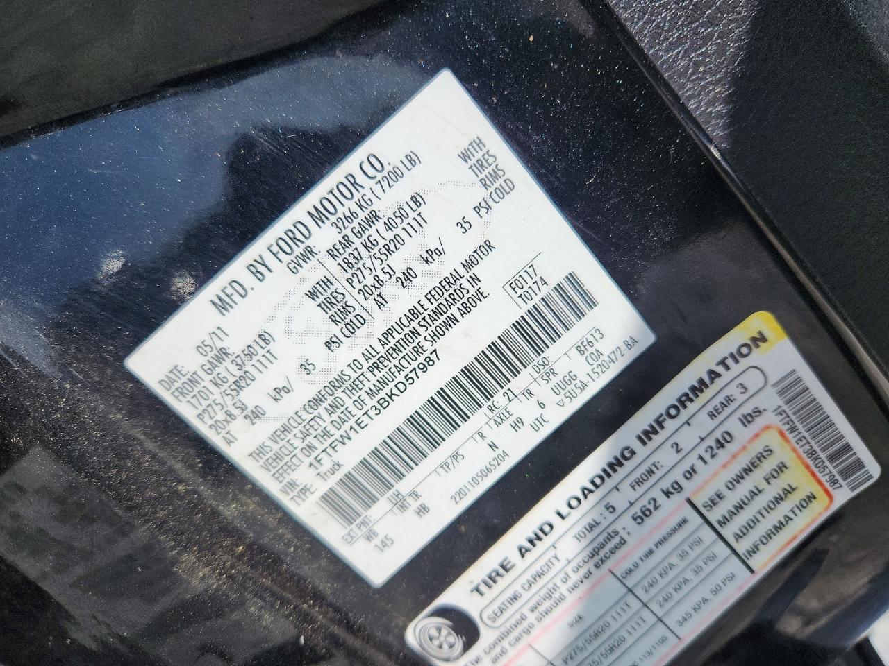 2011 Ford F150 Supercrew Black vin: 1FTFW1ET3BKD57987