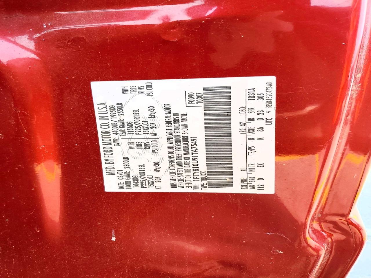 2001 Ford Ranger Red vin: 1FTYR10U91TA75491