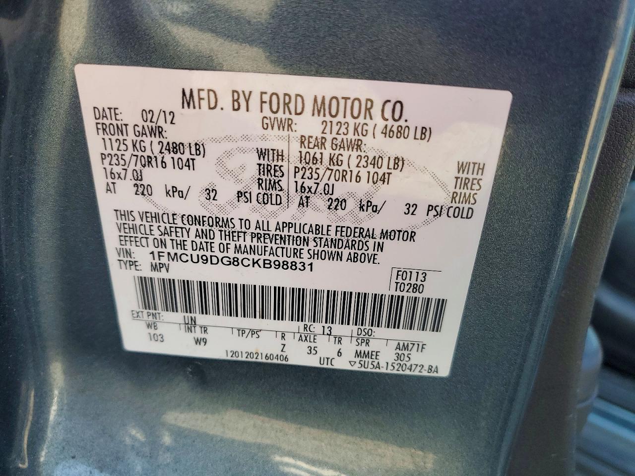 2012 Ford Escape Xlt Blue vin: 1FMCU9DG8CKB98831
