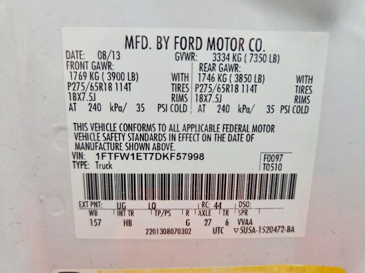 2013 Ford F150 Supercrew White vin: 1FTFW1ET7DKF57998