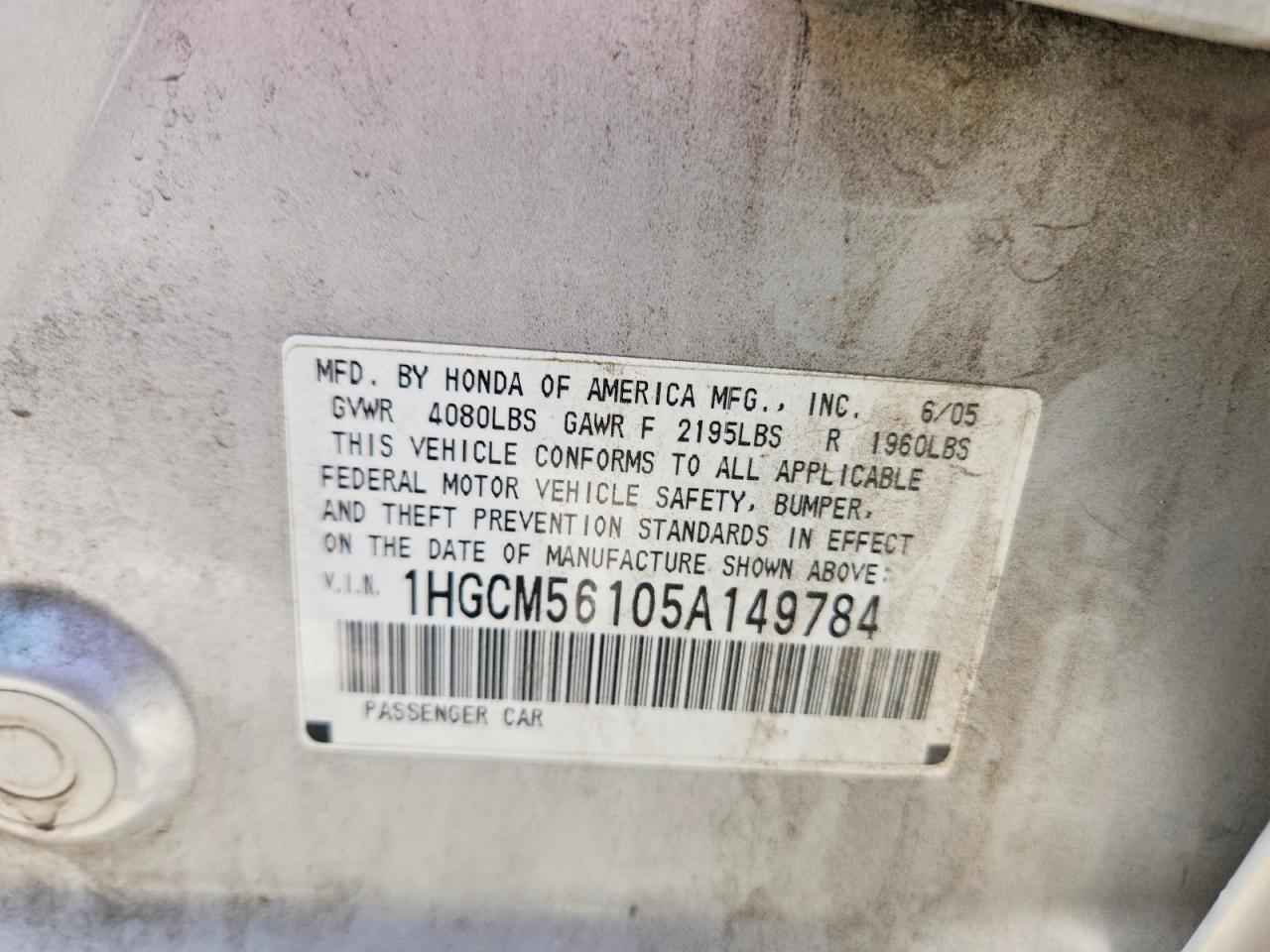 2005 Honda Accord Dx Silver vin: 1HGCM56105A149784