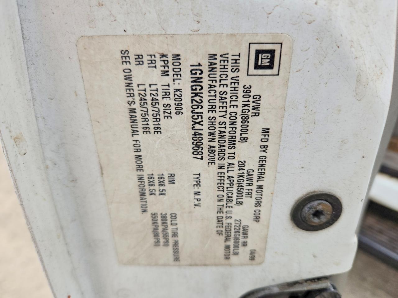 1999 Chevrolet Suburban K2500 White vin: 1GNGK26J5XJ489687