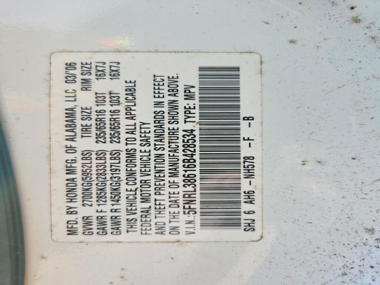 2006 Honda Odyssey Exl White vin: 5FNRL38616B428534