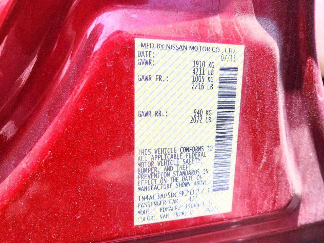 2013 Nissan Altima 2.5 Red vin: 1N4AL3AP5DC920273