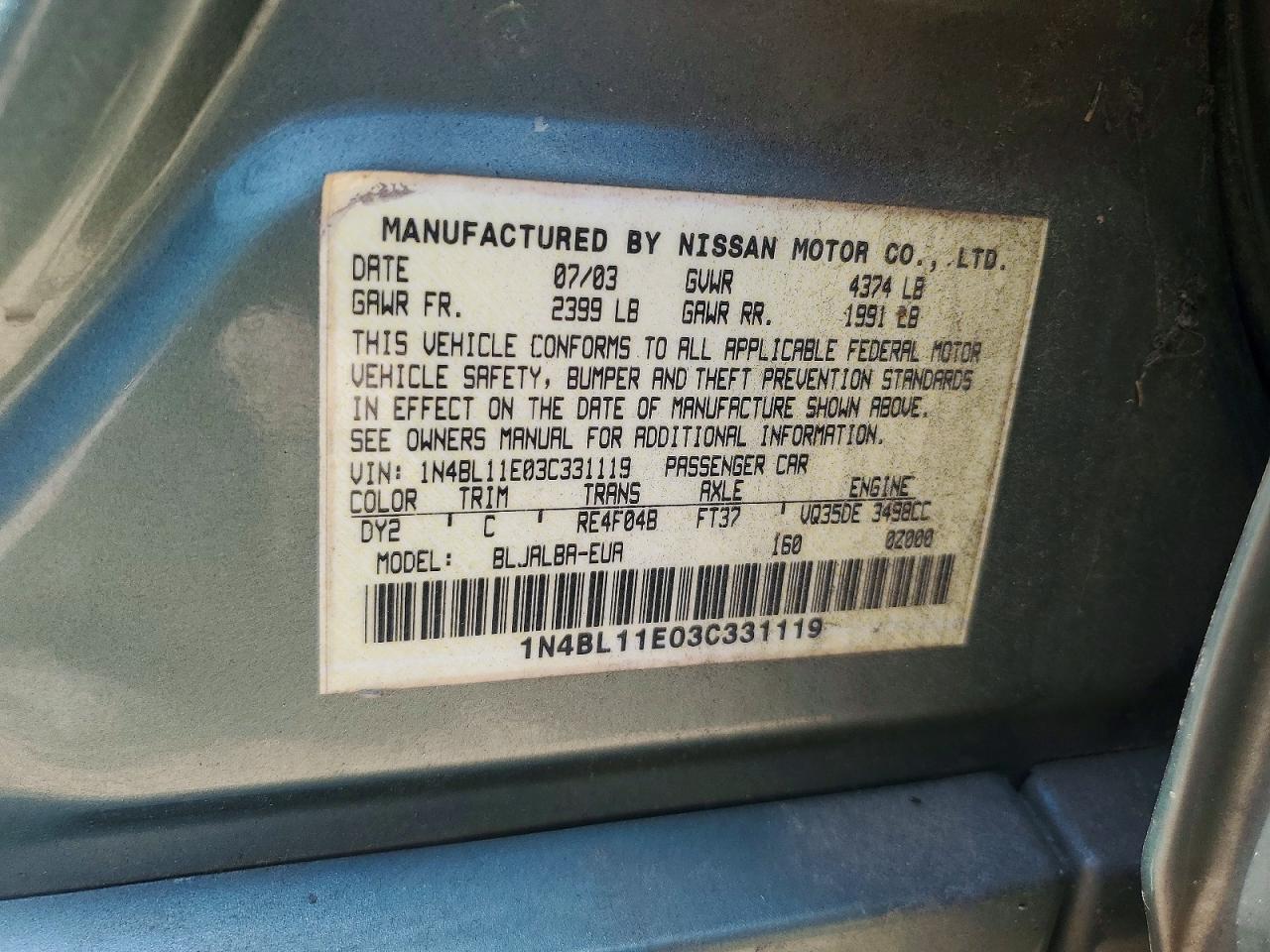 2003 Nissan Altima Se Blue vin: 1N4BL11E03C331119