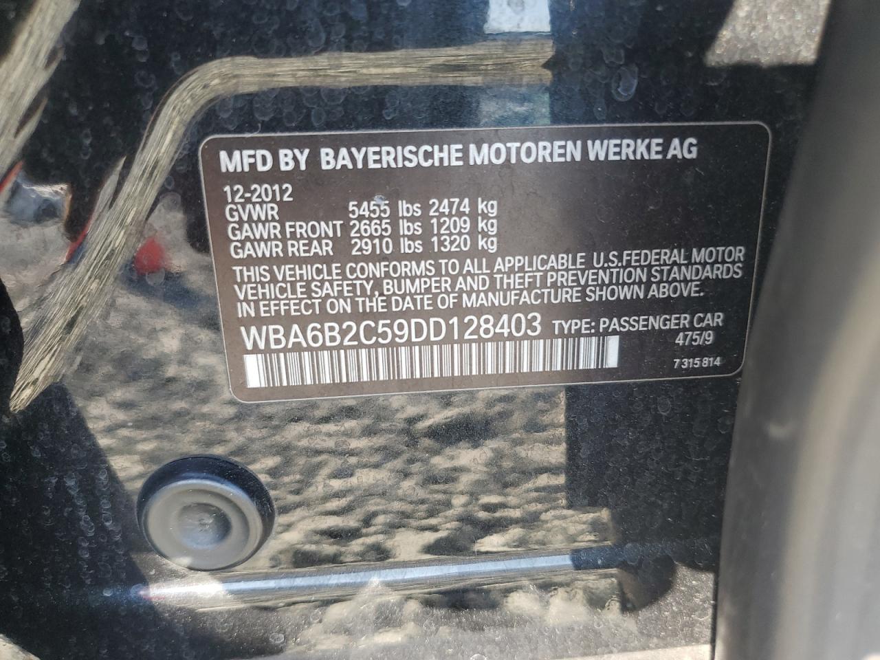 2013 Bmw 650 I Black vin: WBA6B2C59DD128403