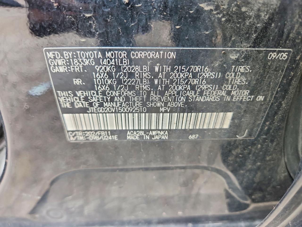 2005 Toyota Rav4 Base Black vin: JTEGD20V150092510