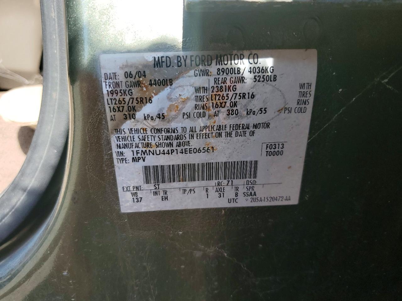 2004 Ford Excursion Eddie Bauer Green vin: 1FMNU44P14EE06561