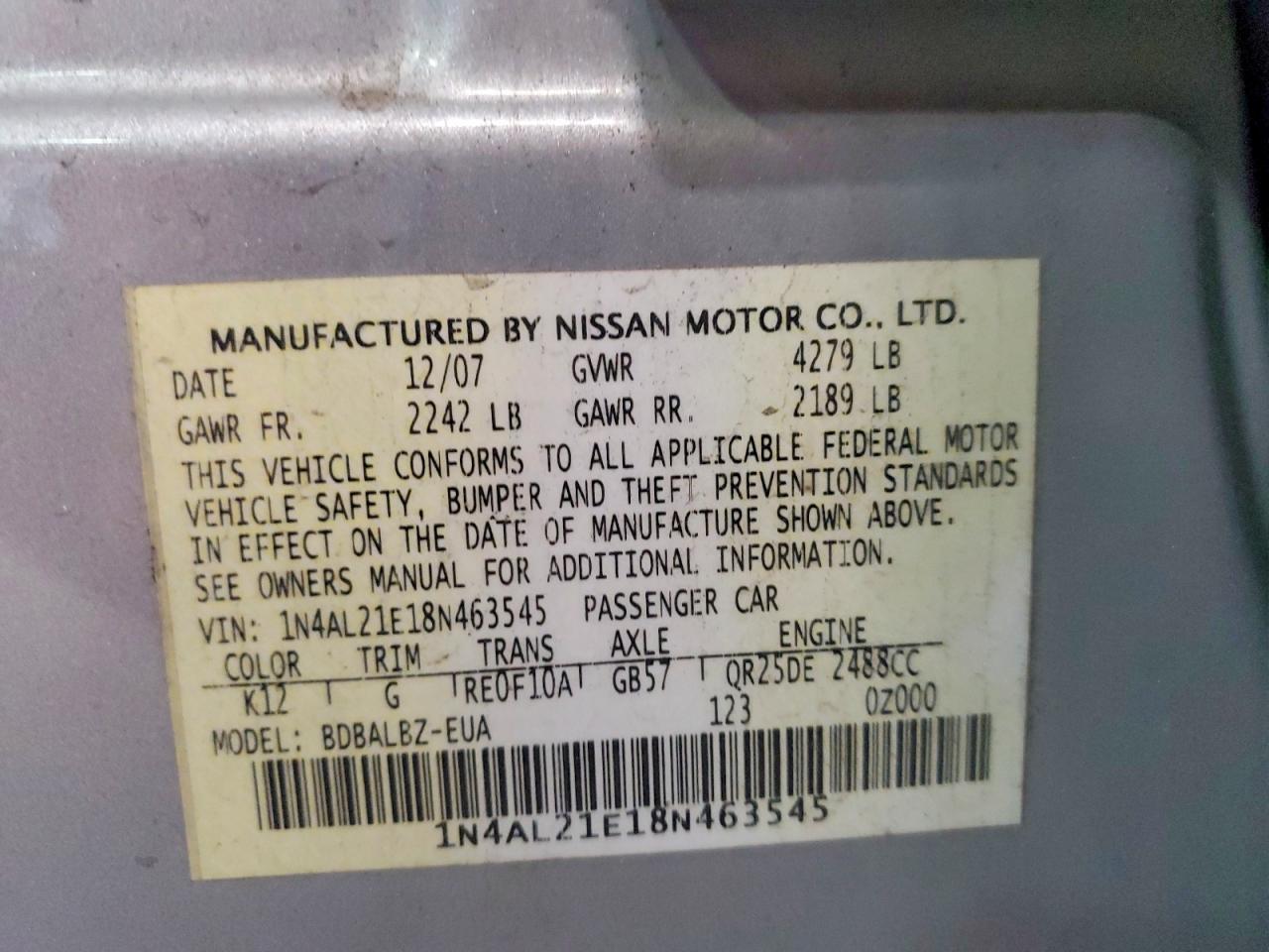 2008 Nissan Altima 2.5 Silver vin: 1N4AL21E18N463545