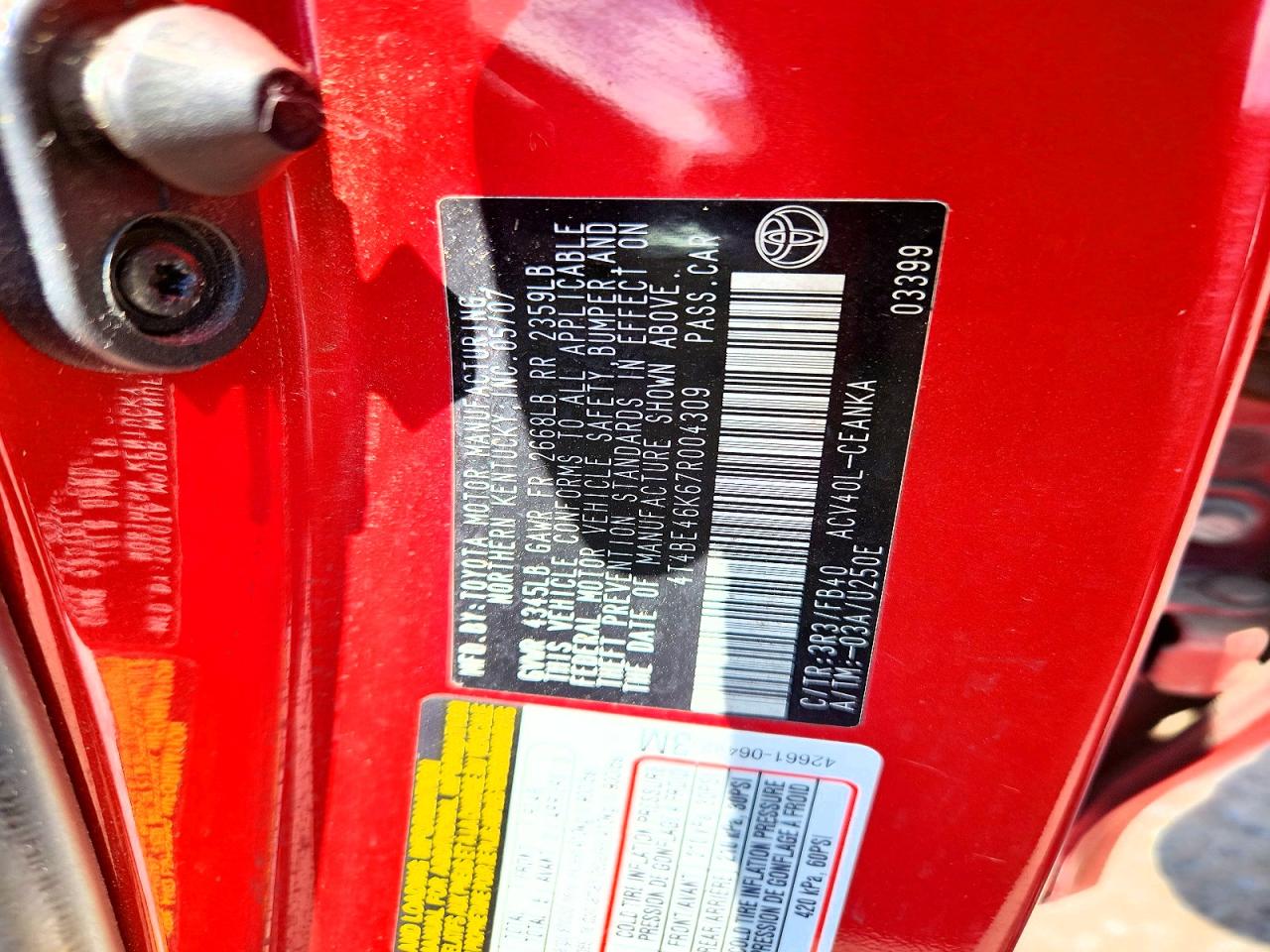 2007 Toyota Camry Le Red vin: 4T4BE46K67R004309
