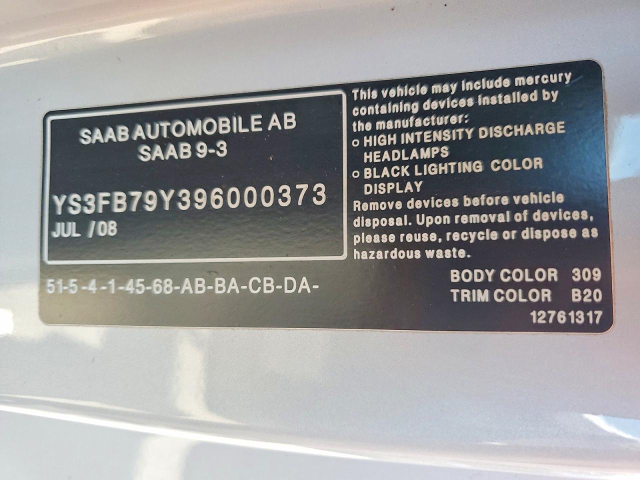 2009 Saab 9-3 2.0t Серебряный vin: YS3FB79Y396000373
