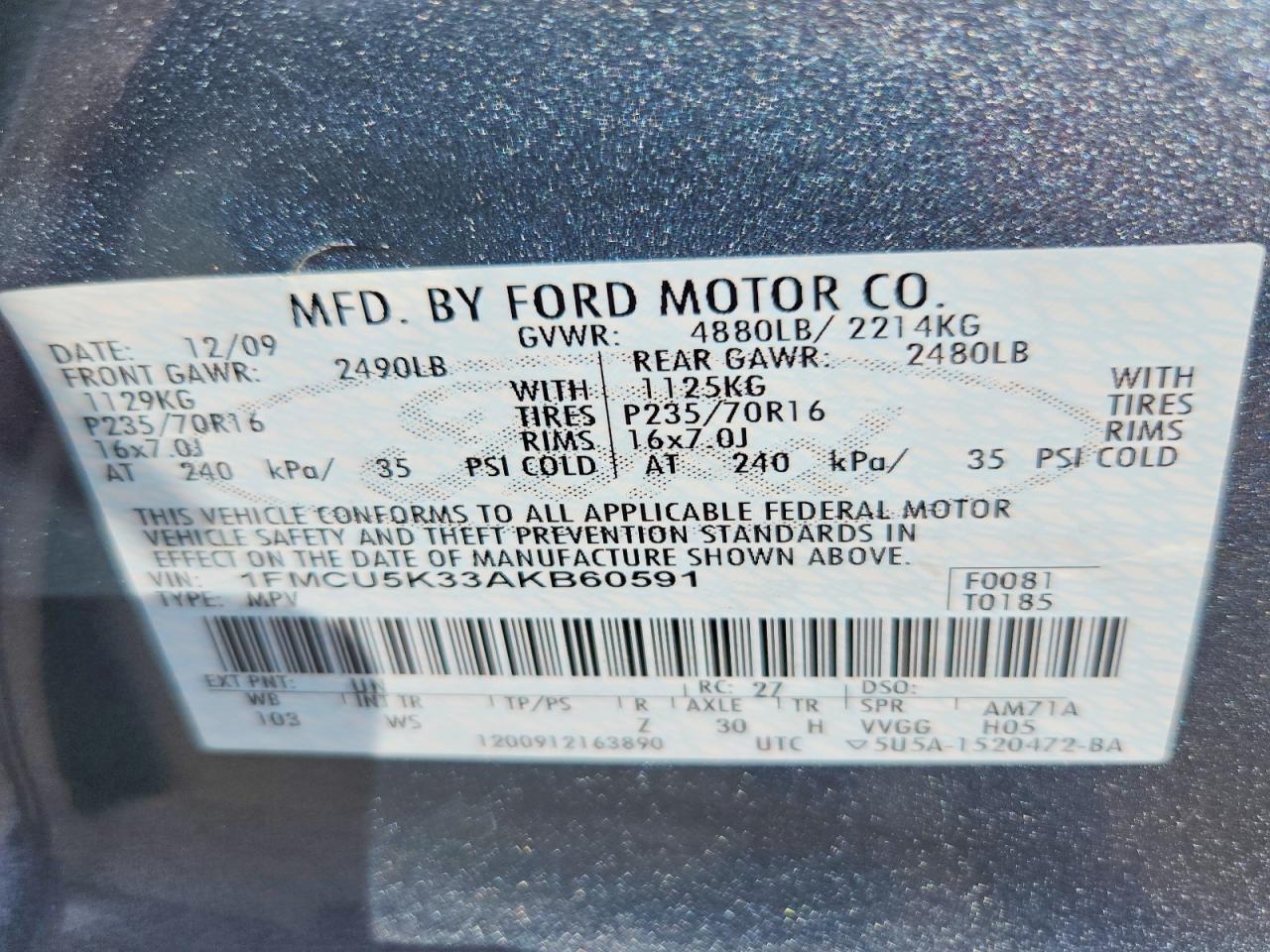 2010 Ford Escape Hybrid Blue vin: 1FMCU5K33AKB60591