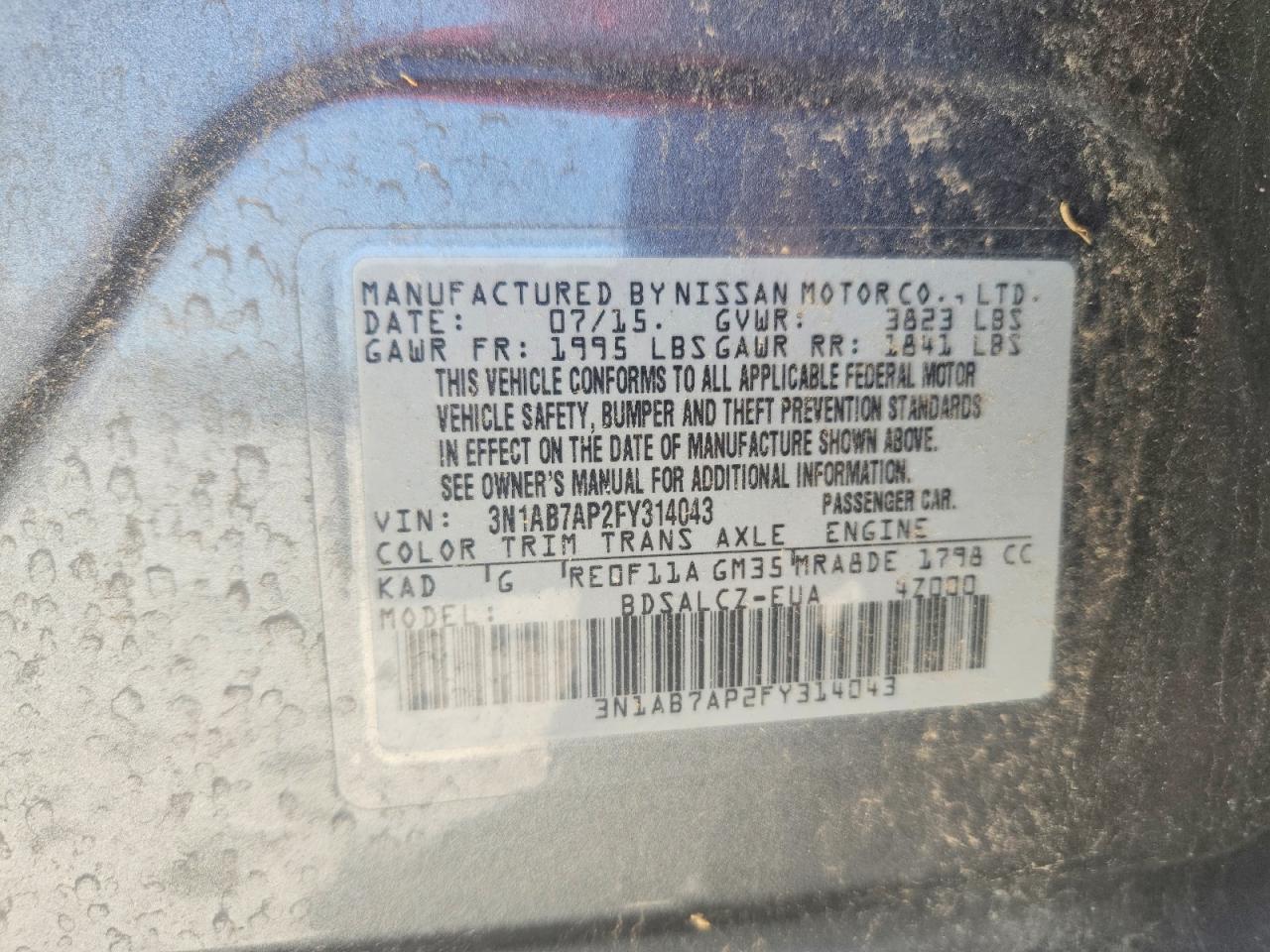 2015 Nissan Sentra S Gray vin: 3N1AB7AP2FY314043