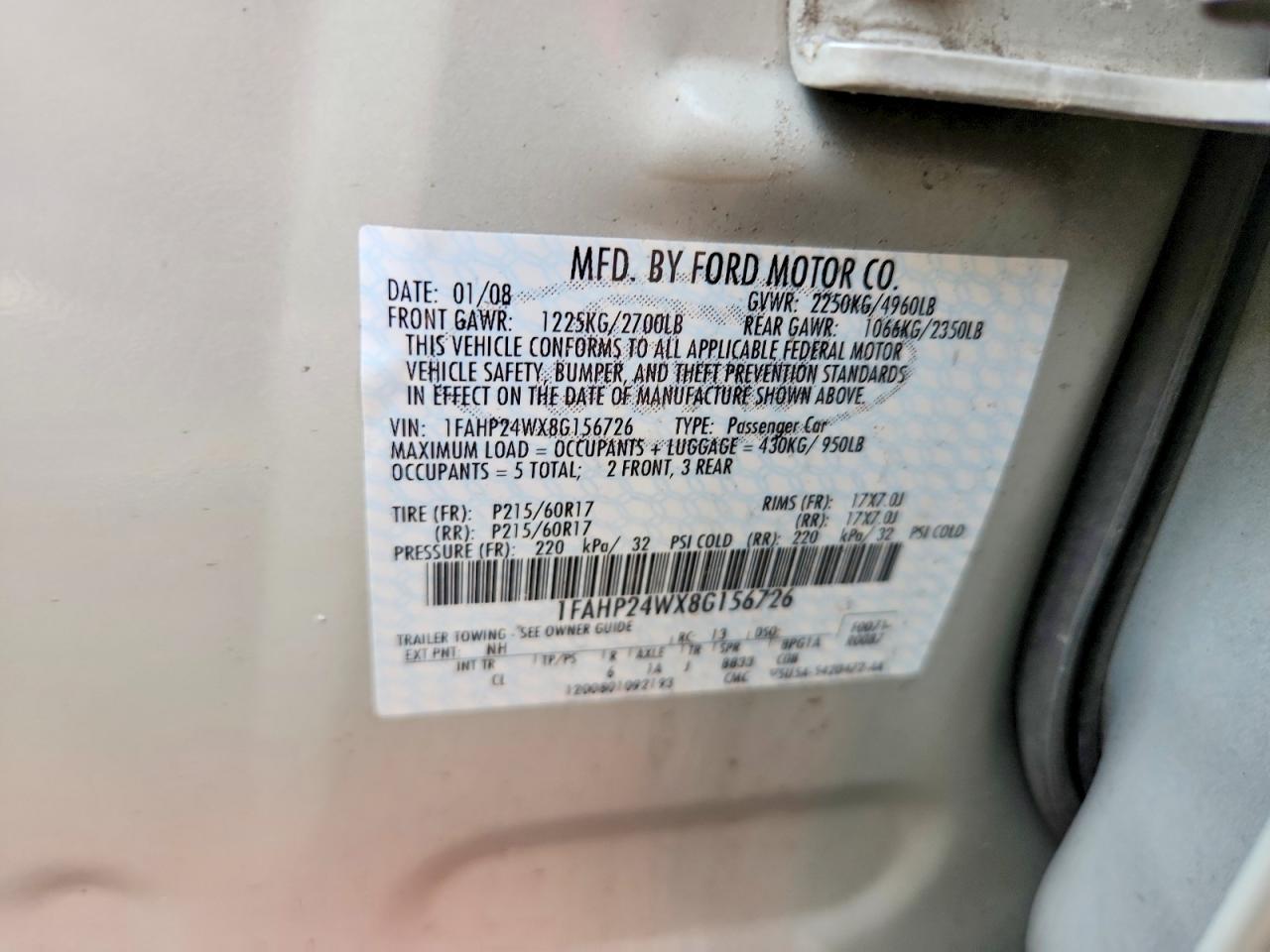 2008 Ford Taurus Sel White vin: 1FAHP24WX8G156726